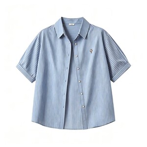 蓝条纹刺绣衬衫女纯棉宽松夏季