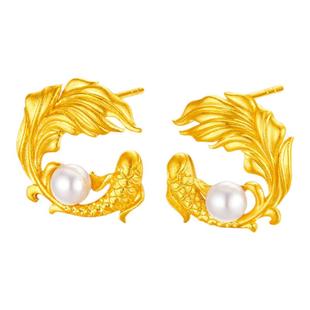 金至尊足金燕鳐鱼锦鲤黄金小鱼新中式珍珠耳饰古法金耳钉生日礼物