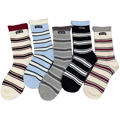 布标双罗口复古条纹堆堆袜子女