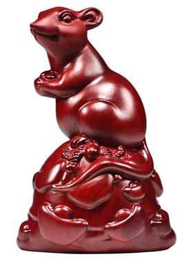 红色木质实木雕刻老鼠摆件生肖鼠家居客厅酒柜装饰工艺品日常送礼