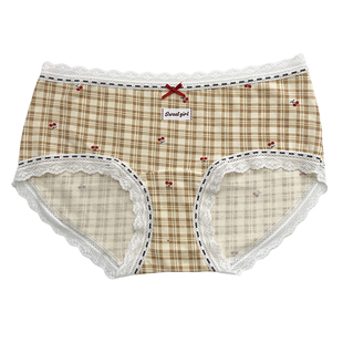 加长裆A类甜美格子碎花无痕内裤女生纯棉中腰抗菌学生透气三角裤