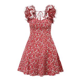 yeye by b.Fleurs新款法式复古风系带荷叶边红色樱桃连衣短连衣裙
