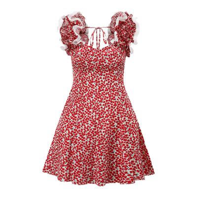 yeye by b.Fleurs新款法式复古风系带荷叶边红色樱桃连衣短连衣裙
