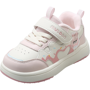 牧童女童运动鞋2025冬季新款小兔子儿童板鞋皮面软底加绒二棉鞋子