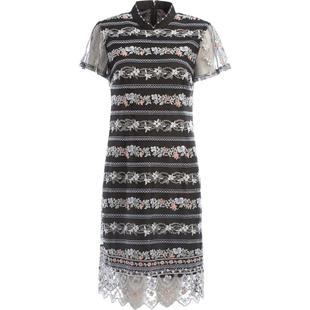 渔牌春季2023新款女装网布横条纹绣花蕾丝边中国风连衣裙FGFA0056