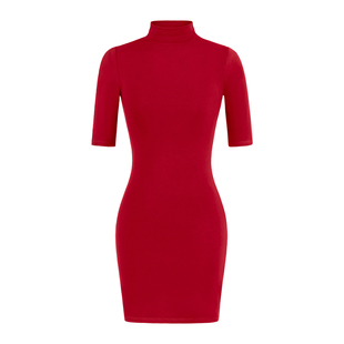 辣妹风高领五分袖针织连衣裙女春秋新款修身显瘦内搭打底包臀裙子