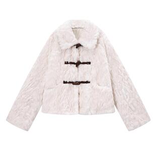 ablueberry 牛角扣羊羔毛外套女冬季短款翻领甜美加厚环保皮草