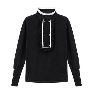 半高领女士毛衣2023新款秋冬木耳边上衣复古黑色针织保暖打底衫冬