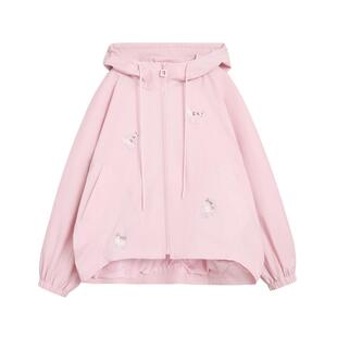 紫涵短款连帽印花外套女2026年春季新款户外通勤防风防寒拉链上衣