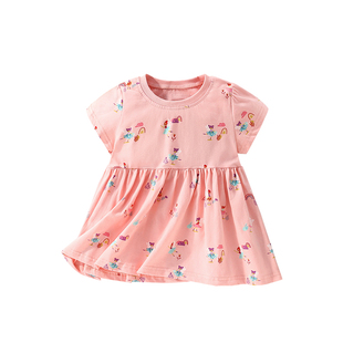 欧美女童短袖t恤2025夏装新款洋气女宝宝纯棉印花娃娃领裙摆上衣