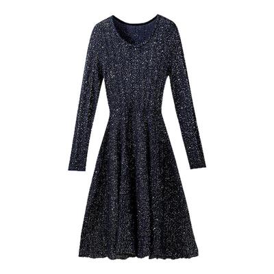圆领长袖收腰亮片针织连衣裙