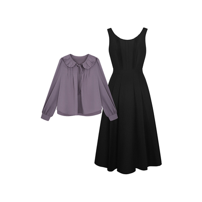 安妮不火百褶背心裙娃娃领衬衫两件套女微胖大码学院风收腰连衣裙