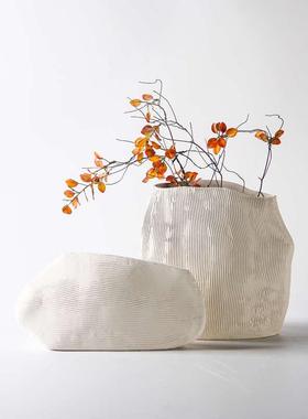 新中式现代米色肌理陶瓷花瓶扁形花器摆件样板间酒店客厅玄关装饰