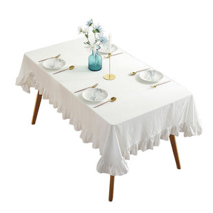 ins网红亚麻棉麻荷叶边桌布白纯色花边拍摄客厅茶几布圆餐桌台布