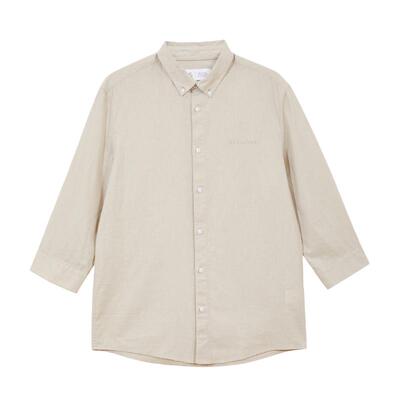 t区绫致杰克琼斯春夏男衬衫翻领百搭纽扣刺绣上衣棉麻七分袖衬衫