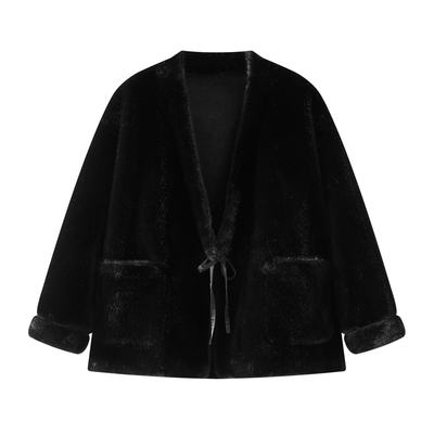 半墨大码男装仿皮毛一体外套男秋季新款仿皮草夹克宽松开衫道袍潮