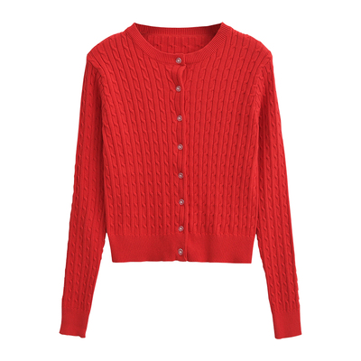 单排扣圆领麻花针织毛衣开衫上衣