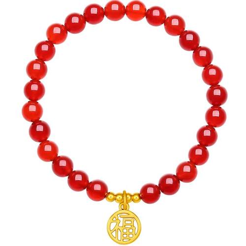 周六福黄金手串定价玛瑙转运珠圆满小福牌手链串珠送女友礼物官方