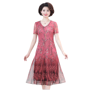 中老年妈妈夏装连衣裙洋气新款时尚品牌台湾网纱阔太太红裙子