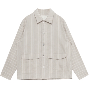 EHE男装亚麻透气轻薄条纹时尚休闲工装风翻领夹克外套男春夏新款