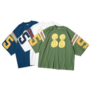 22SS KAPITAL平田和宏 日系三色蜡染拼色字母笑脸五分袖宽松短袖T