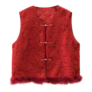 小耳出品雪里梅红~萣制卷草纹/夹棉加厚/下摆毛边宽松马甲上衣女