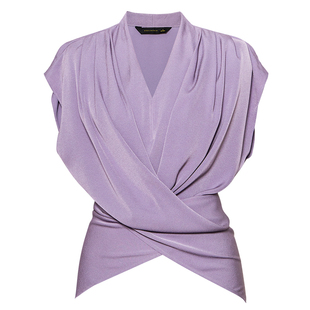 罗衣高级褶皱缎面衬衫女夏季设计感收腰衬衣职场OL紫色上衣12058