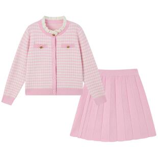 eland kids衣恋童装女童针织套装春秋小香风含绵羊毛短裙毛衣开衫