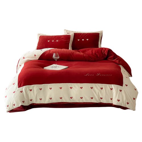 浪漫爱心刺绣牛奶绒四件套冬季保暖宝宝绒红色结婚被套床单床笠