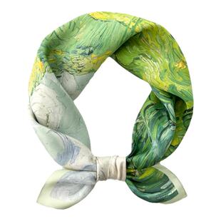 绿色油画小方巾丝巾女春秋职业装真丝桑蚕丝薄围巾脖子纱巾70x70