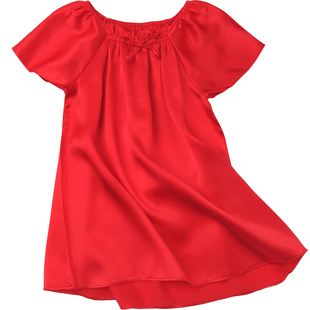 女童真丝公主睡裙儿童桑蚕丝素绉缎家居服宝宝睡衣夏季女孩红色裙