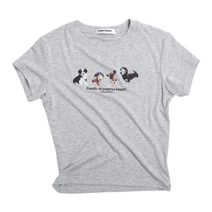 CLIMAX VISION【凉爽亲肤】美式复古珍珠小狗印花正肩显瘦短袖T恤