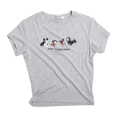 CLIMAX VISION【凉爽亲肤】美式复古珍珠小狗印花正肩显瘦短袖T恤