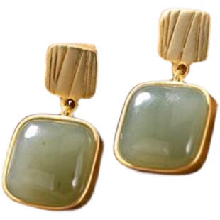 S925纯银真方形耳钉女青玉几何形耳坠白玉石优雅名媛个性耳饰