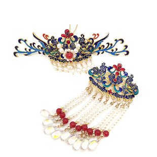 明制汉服头饰套装景泰蓝珍珠凤凰顶簪发冠精典烧蓝后压步摇流苏新