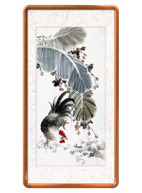 手绘大展宏图挂画 手工雄鸡画 芭蕉叶画 捕食图 家大业大中式国画