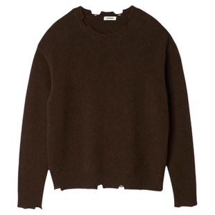 季末6折SANDRO2025秋冬新款男装巧克力色翻领直筒绵羊毛针织外套