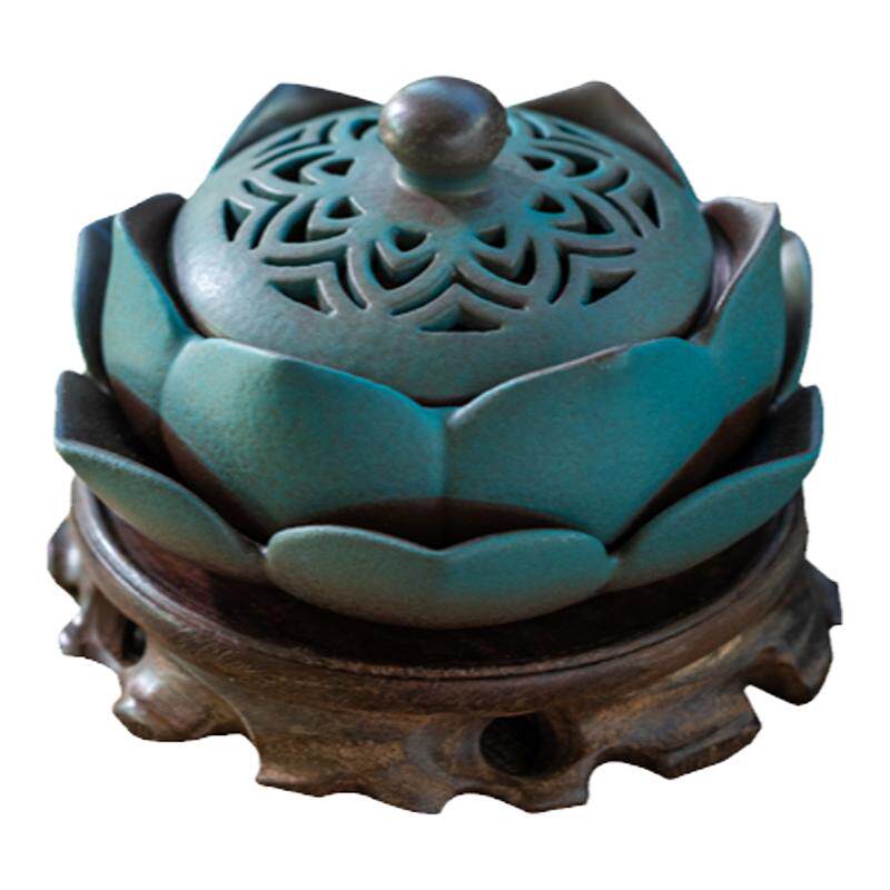 易席莲花陶瓷香炉加鸡翅木底座