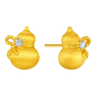 潮宏基臻金弘拉丝葫芦足金耳钉黄金耳饰硬金显大金钻工艺结婚三金