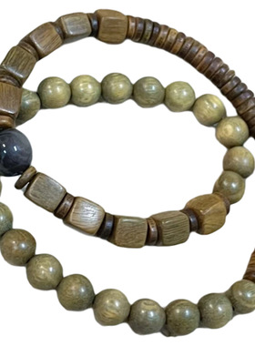 绿檀木复古风方块双圈手链文玩原创绿檀圆珠手串方檀老料男女做旧