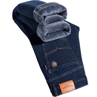 啄木鸟品牌加绒加厚牛仔裤男秋冬款宽松直筒冬季超厚高端大码裤子