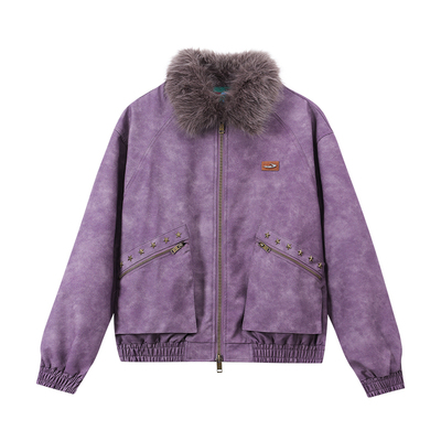 江南先生NewJNXS美式复古PU皮可拆卸毛领皮衣夹克秋男女休闲外套