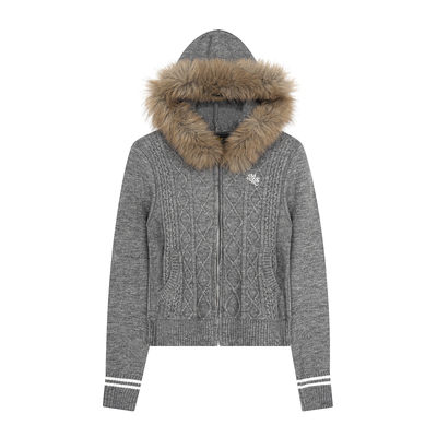 菱格毛领针织开衫百搭连帽毛衣