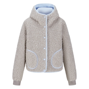 HERLIAN 2025秋冬新品女士毛圈圈格纹拼接连帽设计保暖上衣外套