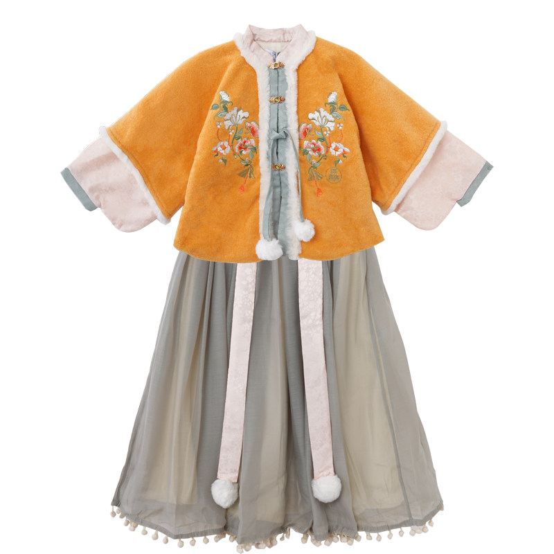 YUAN/厵女童加绒汉服裙套装唐装