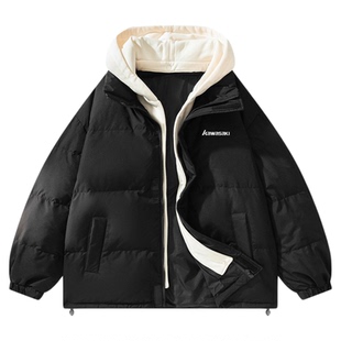 Kawasaki川崎 美式保暖加厚款百搭休闲连帽假两件羽绒服男女同款