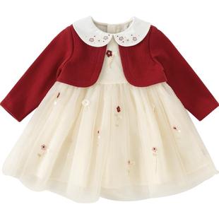 戴维贝拉女童连衣裙春装儿童红色新年公主裙周岁宝宝礼服裙子童装