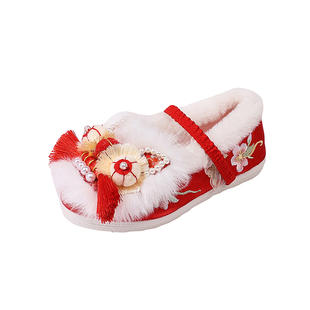 冬季加绒女童汉服绣花鞋纯手工虎头鞋公主鞋古装加厚唐装拜年鞋