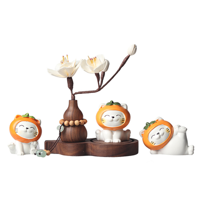 招财事事如意福猫实木香薰车摆件