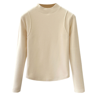 双面德绒半高领打底衫女内搭秋冬立领宽松长袖t恤可外穿加厚上衣